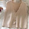 Women's Small Size Autumn Wavy Trim V-Neck Knit Vest Short Sleeveless Vest Coat Tank Top; Beige