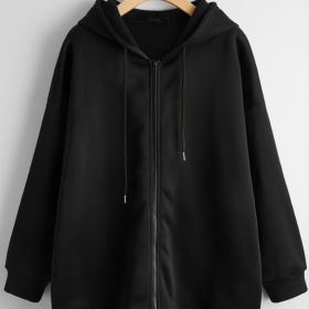 Plus Size Oversized Long Sleeve Drawstring Zip Up Hoodie Sweatshirt; Women's Plus Drop Shoulder Casual Solid Sweatshirt (Color: Black, size: 0XL(12))