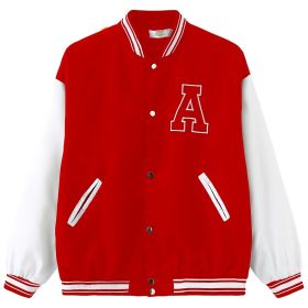 Plus Size Colorblock Letter Print Long Sleeve Varsity Jackets; Women's Plus Casual Baseball Jacket (Color: Red, size: 2XL(16))