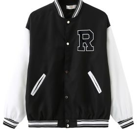 Plus Size Letter R Embroidered Colorblock Varsity Jacket; Women's Plus Button Down Casual Baseball Jacket (Color: Black, size: 3XL(18))