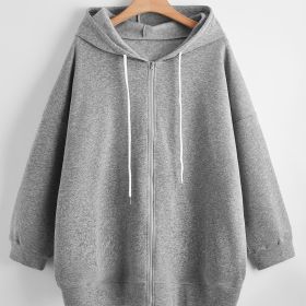 Plus Size Oversized Long Sleeve Drawstring Zip Up Hoodie Sweatshirt; Women's Plus Drop Shoulder Casual Solid Sweatshirt (Color: Grey, size: 4XL(20))