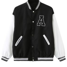 Plus Size Colorblock Letter Print Long Sleeve Varsity Jackets; Women's Plus Casual Baseball Jacket (Color: Black, size: 3XL(18))