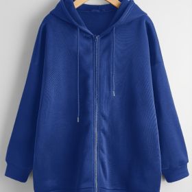 Plus Size Oversized Long Sleeve Drawstring Zip Up Hoodie Sweatshirt; Women's Plus Drop Shoulder Casual Solid Sweatshirt (Color: Royal Blue, size: 3XL(18))