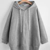 Plus Size Oversized Long Sleeve Drawstring Zip Up Hoodie Sweatshirt; Women's Plus Drop Shoulder Casual Solid Sweatshirt