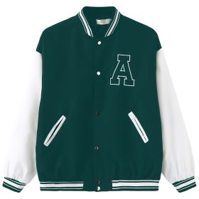 Plus Size Colorblock Letter Print Long Sleeve Varsity Jackets; Women's Plus Casual Baseball Jacket (Color: Dark Green, size: 3XL(18))
