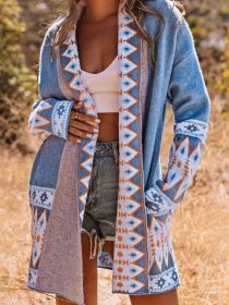 Women's Sweaters Blue Aztec Print Open Front Knitted Cardigan (Color: Royal Blue, size: XL)