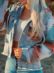 Multicolor Aztec Print Frayed Hem Denim Jacket; Street Pockets Loose Outerwear (Color: Multicolor, size: S)