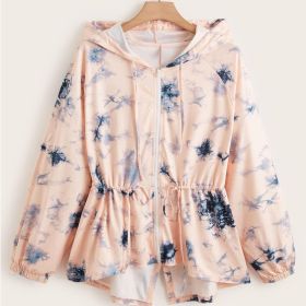 Tie Dye Print Drawstring Hooded Jacket; Women's Fashion Casual Spring Fall Outerwear (Color: Mixed Colour, size: 1XL(14))