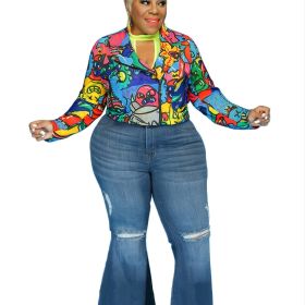 Plus Size Fashion Print Long Sleeve Crop Motorcycle Jacket; Women's Plus Slight Stretch Outerwear (Color: Blue, size: 4XL(20))
