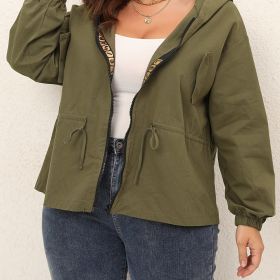 Women's Plus Size Drawstring Waist Zipper Front Hooded Jacket; Spring Fall Long Sleeve Jacket (Color: Army Green, size: 0XL(12))