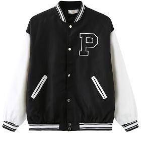 Plus Size Letter P Embroidered Colorblock Varsity Jacket; Women's Plus Button Down Casual Baseball Jacket (Color: Black, size: 1XL(14))