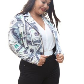 Plus Size Fashion Print Long Sleeve Crop Motorcycle Jacket; Women's Plus Slight Stretch Outerwear (Color: Light Grey, size: 1XL(14))
