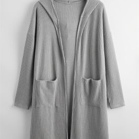 Plus Size Rib Knit Hoodie Pocket Long Sleeve Cardigan; Women's Plus Casual High Stretch Cardigan (Color: Grey, size: 5XL(22))