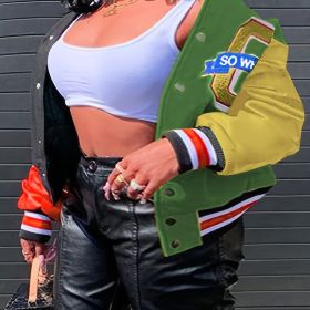 Plus Size Colorblock Long Sleeve Letter Print Jacket; Women's Plus Medium Stretch Button Down Jacket (Color: Green, size: 1XL(14))