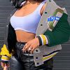 Plus Size Colorblock Long Sleeve Letter Print Jacket; Women's Plus Medium Stretch Button Down Jacket