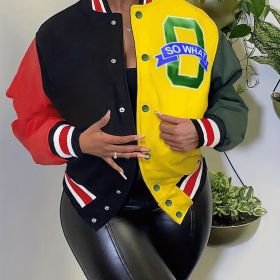 Plus Size Colorblock Long Sleeve Letter Print Jacket; Women's Plus Medium Stretch Button Down Jacket (Color: Yellow, size: 1XL(14))