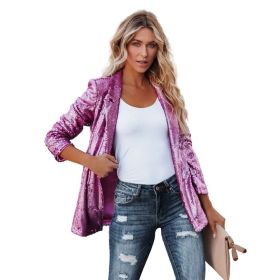 Women's Sequin Blazer, Shimmer Jacket, Casual Long Sleeve Glitter Lapel Coat (Color: Purple, size: 2XL)