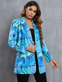 non positioning printing women's casual small suit coat fashion women's wear (Color: Blue, size: S)