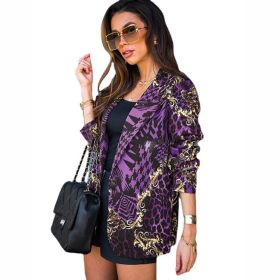 new autumn winter long sleeve Lapel digital printing suit small coat women's wear (Color: Purple, size: M)