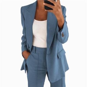 Autumn and winter new fashion Lapel slim cardigan temperament suit coat women's wear (Color: Blue, size: 3XL)