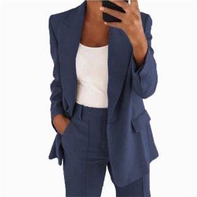 Autumn and winter new fashion Lapel slim cardigan temperament suit coat women's wear (Color: Navy blue, size: 3XL)