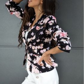 Autumn and winter new one button small suit printed coat women's wear (Color: Black Flower, size: 3XL)