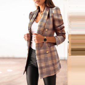 new autumn and winter long sleeve double breasted suit collar print small coat women's wear (Color: Khaki, size: 3XL)