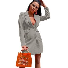 new women's solid color slim fitting suit coat double row button long sleeve Lapel coat top (Color: Light Gray, size: 3XL)