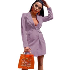 new women's solid color slim fitting suit coat double row button long sleeve Lapel coat top (Color: Light Purple, size: L)