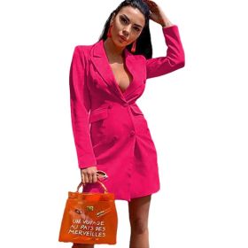 new women's solid color slim fitting suit coat double row button long sleeve Lapel coat top (Color: Rose Pink, size: S)