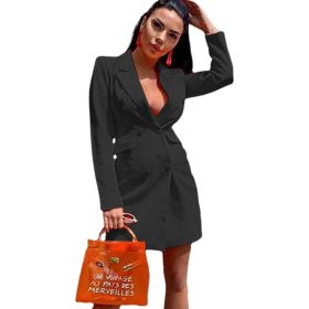 new women's solid color slim fitting suit coat double row button long sleeve Lapel coat top (Color: Black, size: L)