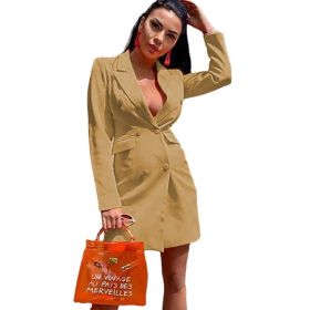 new women's solid color slim fitting suit coat double row button long sleeve Lapel coat top (Color: Khaki, size: 2XL)