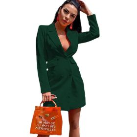 new women's solid color slim fitting suit coat double row button long sleeve Lapel coat top (Color: Dark Green, size: L)