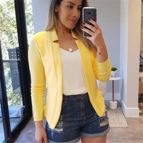Autumn and winter new solid color leisure professional small suit coat women's wear (Color: Yellow, size: L)