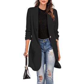 Autumn and winter new 7-sleeve women's wear medium and long pocket coat suit coat (Color: Black, size: 2XL)