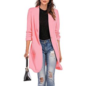 Autumn and winter new 7-sleeve women's wear medium and long pocket coat suit coat (Color: Pink, size: L)
