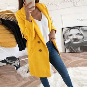 new solid Lapel medium long button tweed coat women (Color: Bright Yellow, size: M)