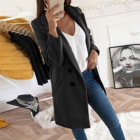new solid Lapel medium long button tweed coat women (Color: Black, size: L)