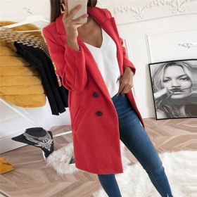 new solid Lapel medium long button tweed coat women (Color: Red, size: 2XL)