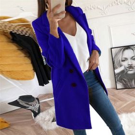 new solid Lapel medium long button tweed coat women (Color: Royal Blue, size: 2XL)