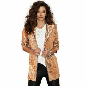 GOLD SEQUIN nightclub women's wear button less bar graduation party stage suit coat (Color: Yellow, size: S)