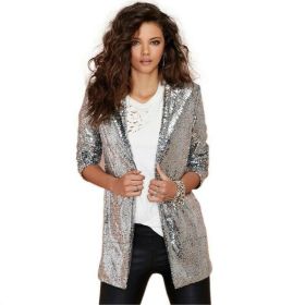 GOLD SEQUIN nightclub women's wear button less bar graduation party stage suit coat (Color: Gray, size: XL)