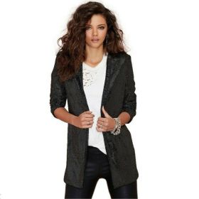 GOLD SEQUIN nightclub women's wear button less bar graduation party stage suit coat (Color: Black, size: 2XL)