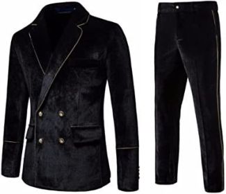 Men's 2 Piece Velvet Suits Classic Solid Color Suit Jacket Pants Slim Fit Double Breasted Tuxedo for Prom (Color: Black, size: L)