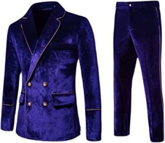 Men's 2 Piece Velvet Suits Classic Solid Color Suit Jacket Pants Slim Fit Double Breasted Tuxedo for Prom (Color: Blue, size: M)