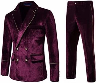 Men's 2 Piece Velvet Suits Classic Solid Color Suit Jacket Pants Slim Fit Double Breasted Tuxedo for Prom (Color: Red, size: XL)