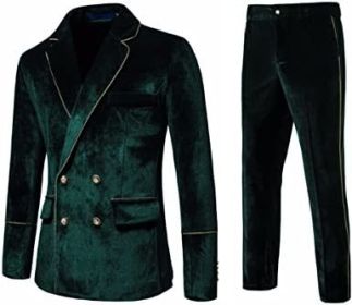 Men's 2 Piece Velvet Suits Classic Solid Color Suit Jacket Pants Slim Fit Double Breasted Tuxedo for Prom (Color: Green, size: M)