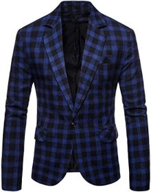 Men's Plaid Suit Jacket Casual One Button Regular Fit Blazer Classic Plaid Sport Coat Stylish Dress Coat (Color: blue3, size: S)