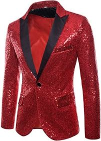 Mens Sequin Suits Jackets Blazer Slim Fit Notched Lapel One Button Party Show Tux Dress Coats (Color: Red, size: S)