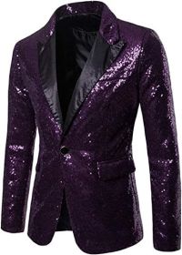 Mens Sequin Suits Jackets Blazer Slim Fit Notched Lapel One Button Party Show Tux Dress Coats (Color: Purple, size: M)